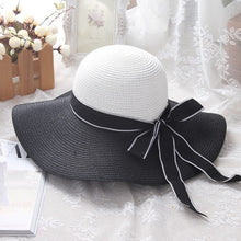 Load image into Gallery viewer, Hepburn Wind Black White Striped Bowknot Straw Sun Hat
