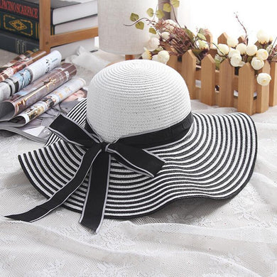 Hepburn Wind Black White Striped Bowknot Straw Sun Hat