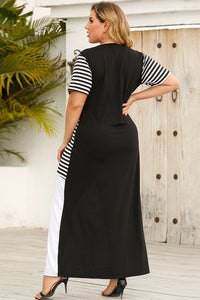 Striped Color Block Short Sleeve Round Neck Plus Size Maxi Dress