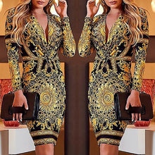 Load image into Gallery viewer, Plunge Neck Ethnic Print Bodycon Long Sleeve Mini Dress