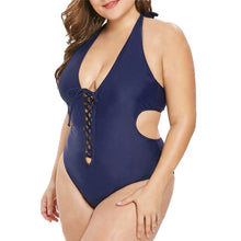 Load image into Gallery viewer, Lace Up Front Halter Neck Split Push Up Plus Size Swimsuit