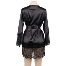 Load image into Gallery viewer, 3 Piece Silk Long Sleeve Lace Patchwork Short Kimono Gown &amp; G-string Set