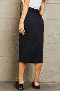 HYFVE Professional  Black Buckled Cotton Midi Skirt with Pockets