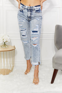 High Rise Cropped Distressed Straight Jeans
