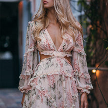 Load image into Gallery viewer, Backless V-Neck Long Sleeve Floral Print Beach Mini Dress