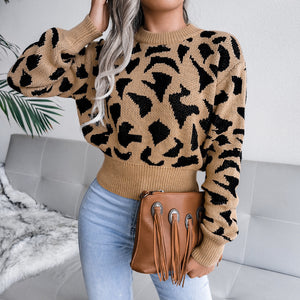 Leopard Print Waist Knit Mock Neck Lady Sweater