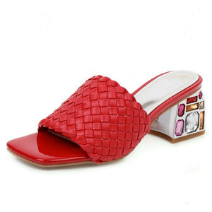 PU Leather Crystal Block Heel Slip On Sandals (4 colors)