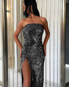 Glitter Detailed Draped Strapless Slit Bodycon Maxi Dress