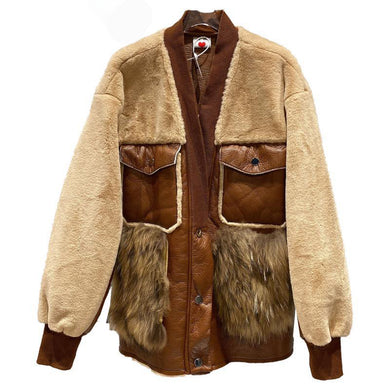 Fur Splicing V-neck Faux Leather Lady Jacket
