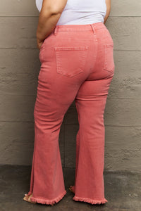 Coral Color High Waist Full Size Side Slit Flare Jeans