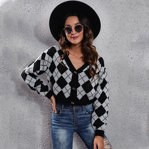 Diamond Color Matching Jacquard Knitted Cardigan