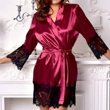 Load image into Gallery viewer, 3 Piece Silk Long Sleeve Lace Patchwork Short Kimono Gown &amp; G-string Set
