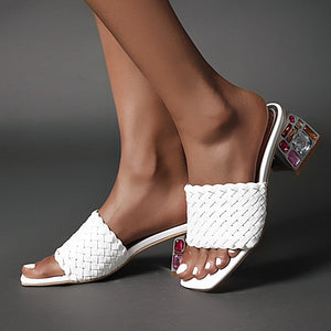 PU Leather Crystal Block Heel Slip On Sandals (4 colors)