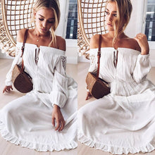 Load image into Gallery viewer, Bohemian Crochet Lace Long Sleeve Off Shoulder Frill Ruffle High Low Maxi Dress