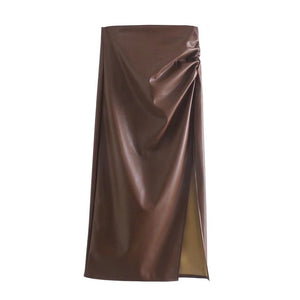 Side Slit Faux Leather Draped High Waist Back Zip Midi Pencil Skirt