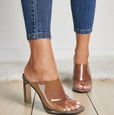 PVC Transparent Block High Heel Slip On Sandals (Apricot/Black)