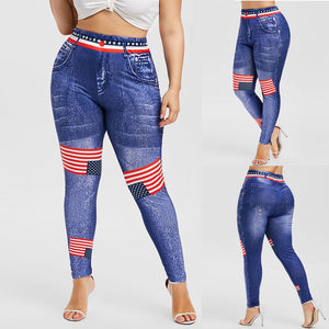 American Flag Print High Waist Elastic Waist 3D Plus Size Skinny Pants