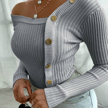 Load image into Gallery viewer, Knitted Off Shoulder Slim Button Up Sweater