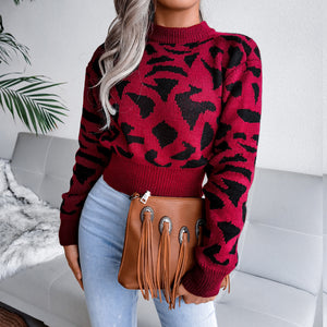 Leopard Print Waist Knit Mock Neck Lady Sweater
