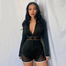 Load image into Gallery viewer, Lapel Collar Mesh Long Sleeve Zip Front Romper