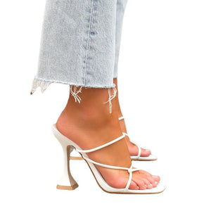 Strappy Faux Leather Square Toe Slip On Sandals