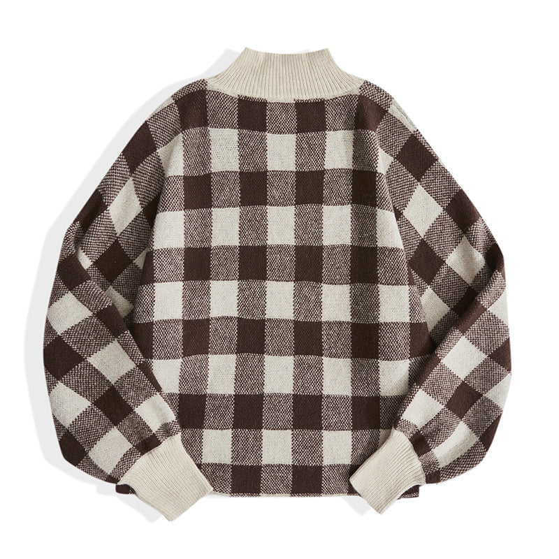 Ladies Half High Neck Plaid Color Matching Sweater