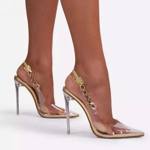 Transparent Pointed Toe Chain Detail Crystal Heel Pump Stilettos