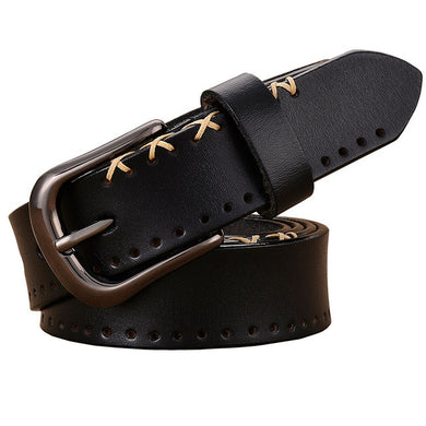 Genuine Leather Stitching Detail Thin Pin Buckle Lady Belt