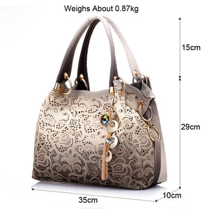 Hollow Out Ombre Floral Print Leather Handbag