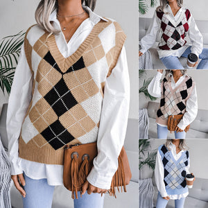 College Style Diamond V-Neck Loose Knit Lady Vest Sweater