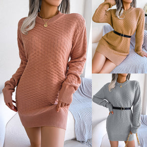 Solid Color Plaid Long Sleeve Bottomed Knitted Wool Mini Dress