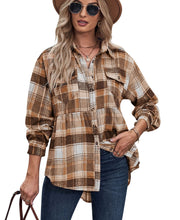 Load image into Gallery viewer, Ladies Lapel Collar Long Sleeve Pocket Plaid Button Up Blouse