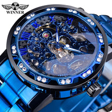 Load image into Gallery viewer, Classic Rhinestone Roman Numeral Analog Male Skeleton Mechanical Stainless Steel Luminous Watch