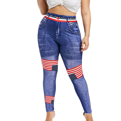 American Flag Print High Waist Elastic Waist 3D Plus Size Skinny Pants