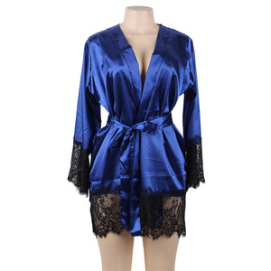 3 Piece Silk Long Sleeve Lace Patchwork Short Kimono Gown & G-string Set