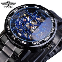 Load image into Gallery viewer, Classic Rhinestone Roman Numeral Analog Male Skeleton Mechanical Stainless Steel Luminous Watch