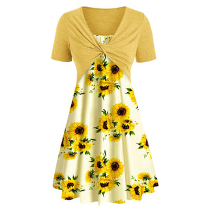 Sunflower Print Two Piece Short Sleeve Mini Dress