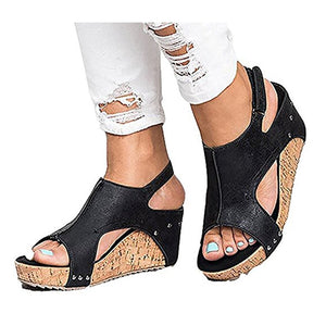 PU Leather Hook & Loop Fashion Wedge Sandals