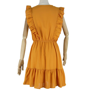 Ruffled A-Line Sleeveless High Waist V Neck Bohemian Mini Dress