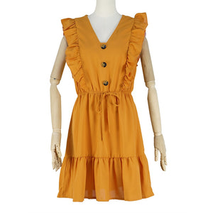 Ruffled A-Line Sleeveless High Waist V Neck Bohemian Mini Dress