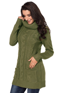 Cowl Neck Long Sleeve Bodycon Sweater Dress (Green/White)