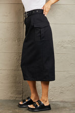 Load image into Gallery viewer, HYFVE Professional  Black Buckled Cotton Midi Skirt with Pockets