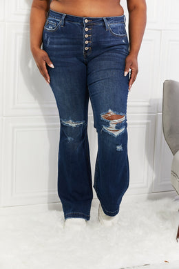 Button Fly High Waist Distressed Flared Jeans