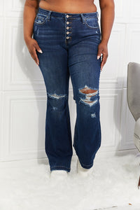 Button Fly High Waist Distressed Flared Jeans