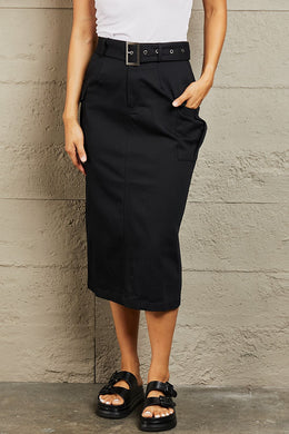 HYFVE Professional  Black Buckled Cotton Midi Skirt with Pockets