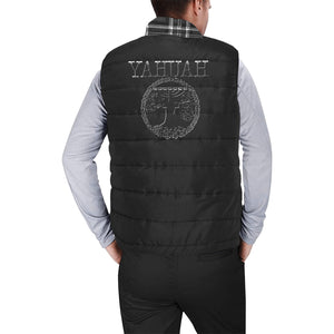 Yahuah-Tree of Life 02-04 + Digital Plaid 01-06A Men's Designer Stand Collar Puffer Vest
