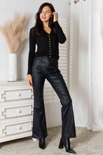 Load image into Gallery viewer, Black Faux Leather High Waist Slit Flare Leg Pants