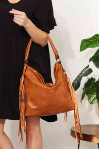 Fringe Detailed PU Leather Shoulder Bag (Caramel/Mist Green)