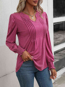 Ruched Notch Neck Puff Sleeve Smocked Blouse (6 colors)