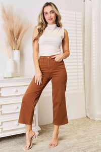 Full Size Tummy Control Garment Dyed Cropped Wide Leg Jeans
